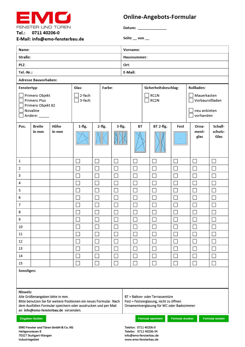 Formular EMO Fenster und Türen Suttgart