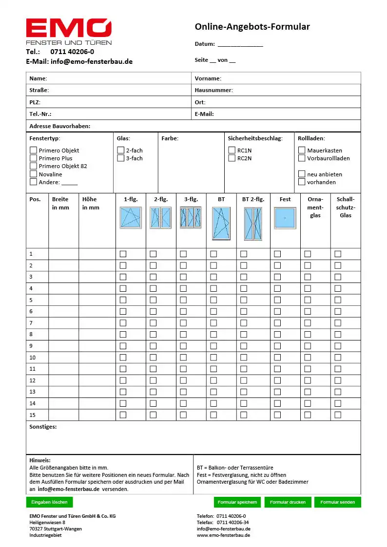 Formular EMO Fenster und Türen Suttgart